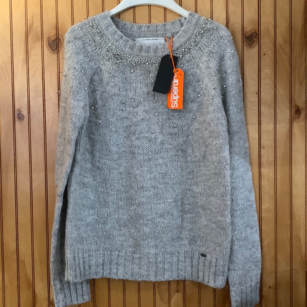 NWT Superdry sz M Custom No 1 Tailors London Intricate beading knit gray sweater